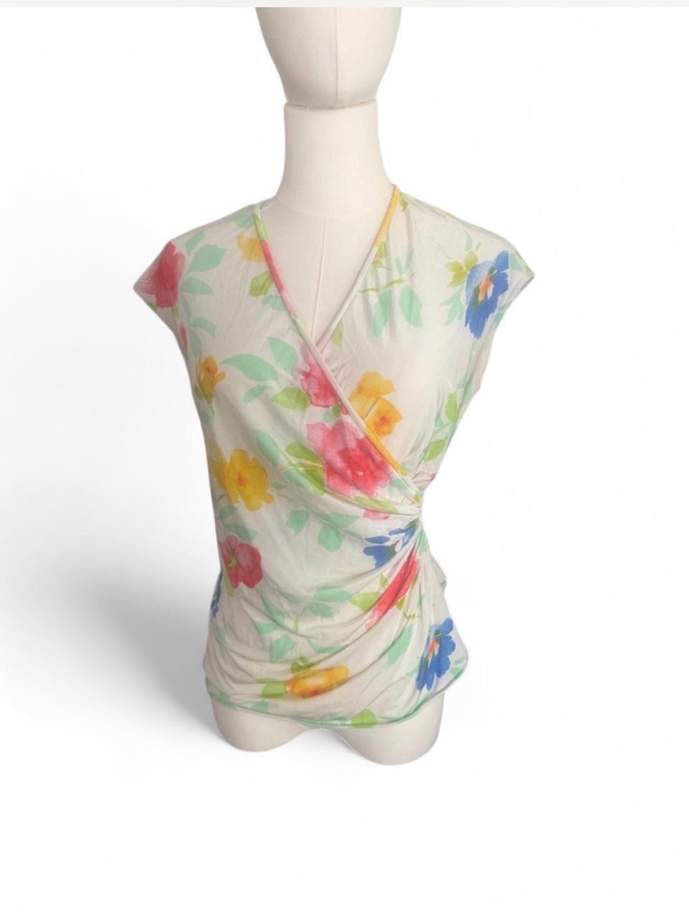Floral Wrap-Front Cap Sleeve Top - White with Multi-Color Floral